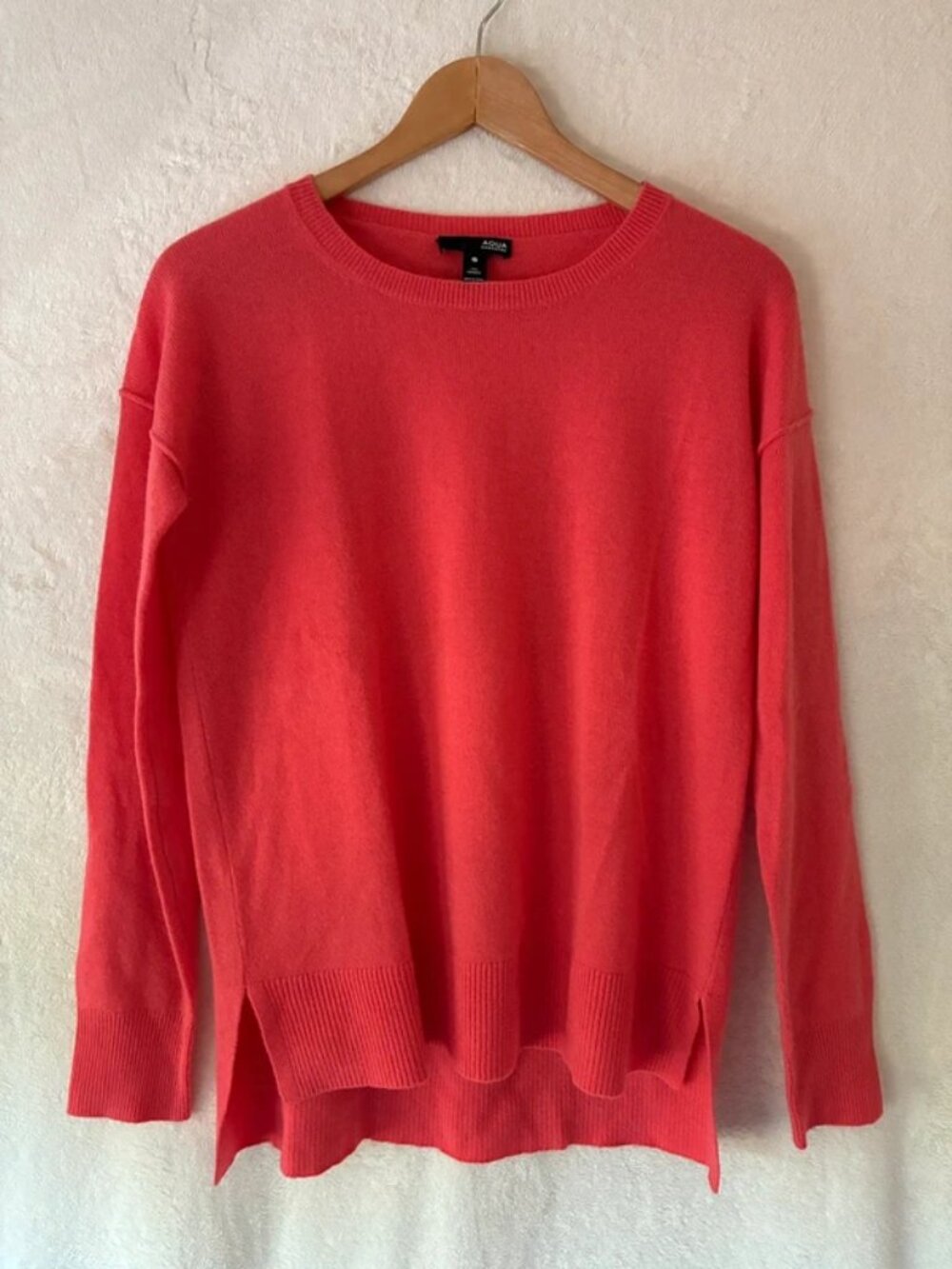 Aqua Cashmere Crewneck Coral Pullover Sweater Small Pintuck